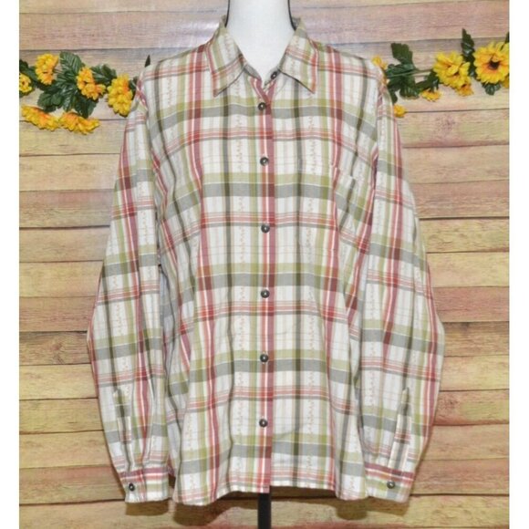 Alfred Dunner Women's 20W Fall Tan Plaid Floral Embroidered Button Front Shirt - Picture 1 of 9